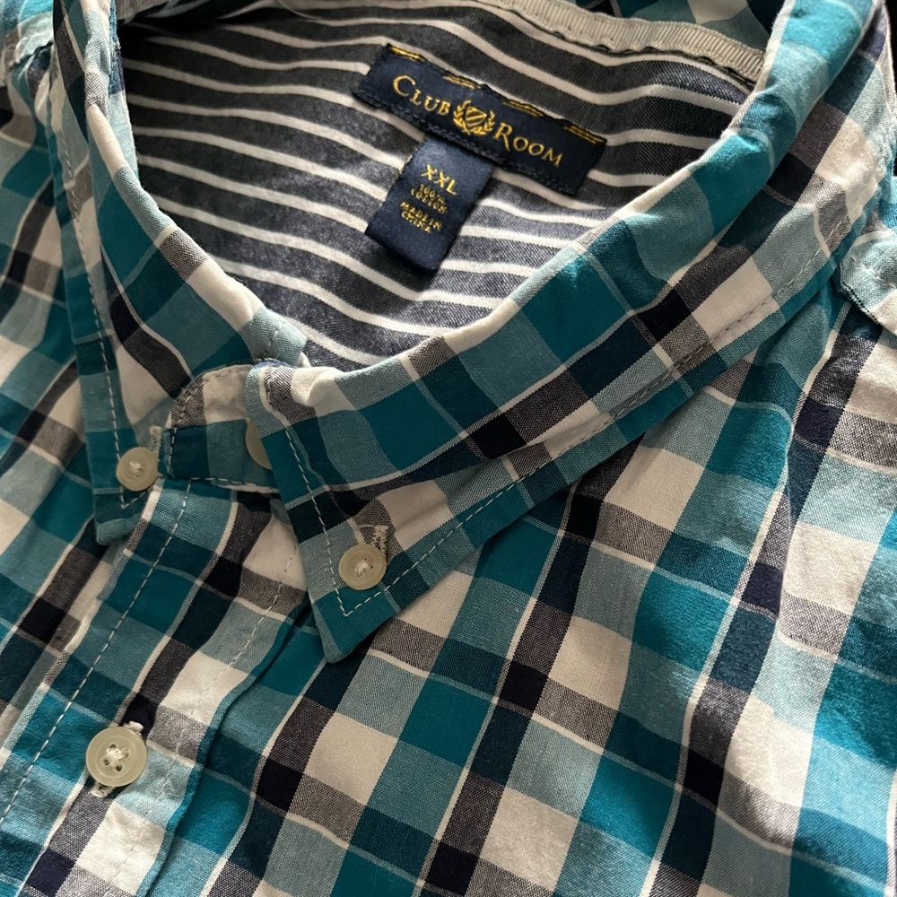 CLUB ROOM blue and white plaid long sleeve button down cotton shirt size XXL